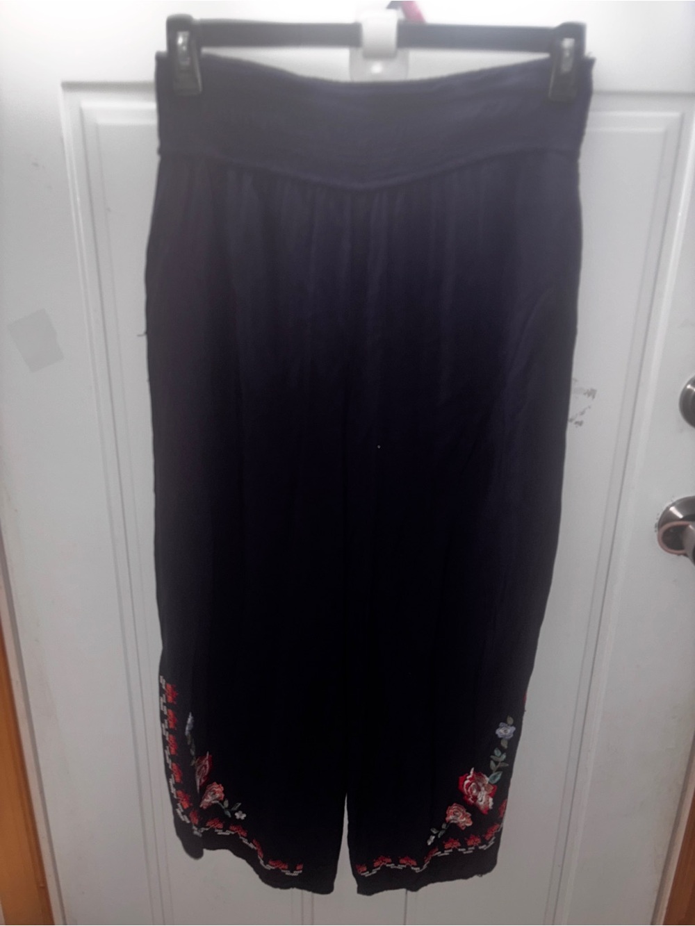 Xhilaration Black Wide-Leg Pants with Red Floral Embroidery